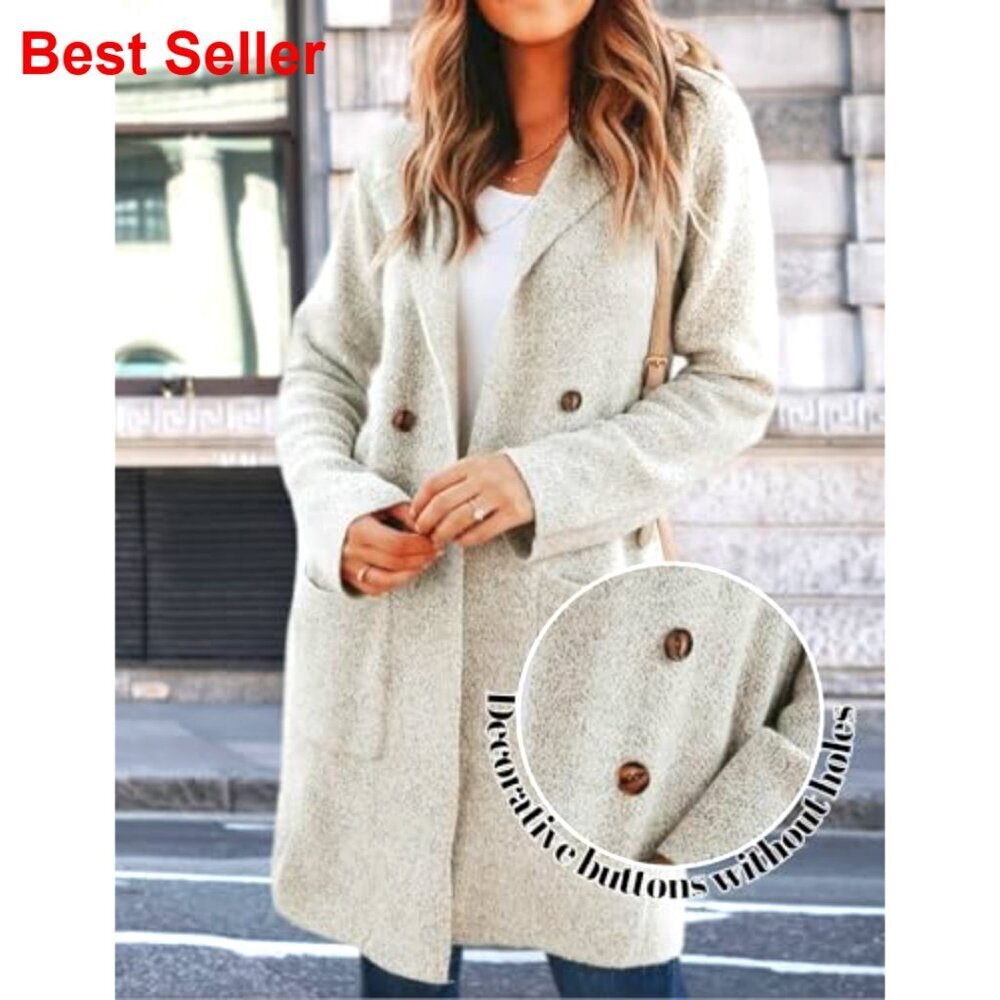 Long Knit Cardigan Sweater Jacket with Pockets, Notch Lapels, Chunky Fabric - Picture 4 of 7